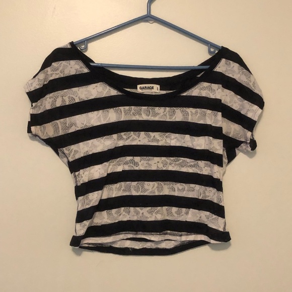 Bundle of 2 Crop Tops: Dynamite Open V-Back T-shirt & Garage Striped Lace Top - Picture 5 of 6